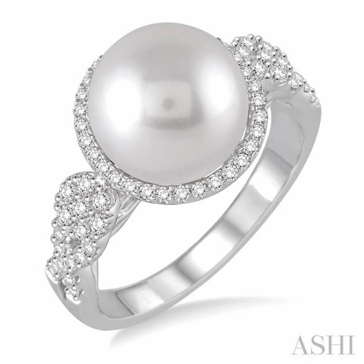 10 MM Cultured Pearl and 3/8 ctw Round Cut Diamond Ring in 14K White Gold