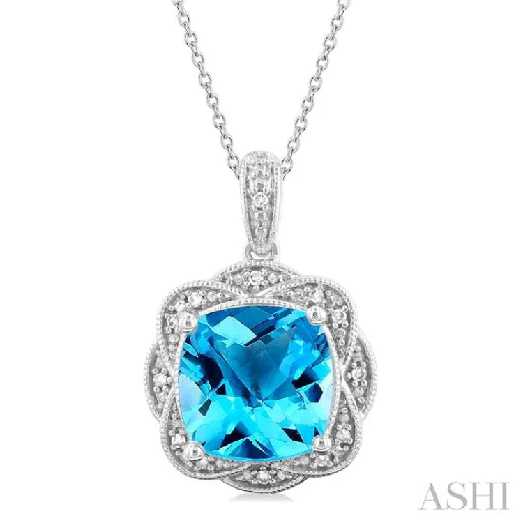 10X10 MM Cushion Shape Blue Topaz and 1/20 ctw Round Cut Diamond Semi-Precious Pendant With Chain in Sterling Silver