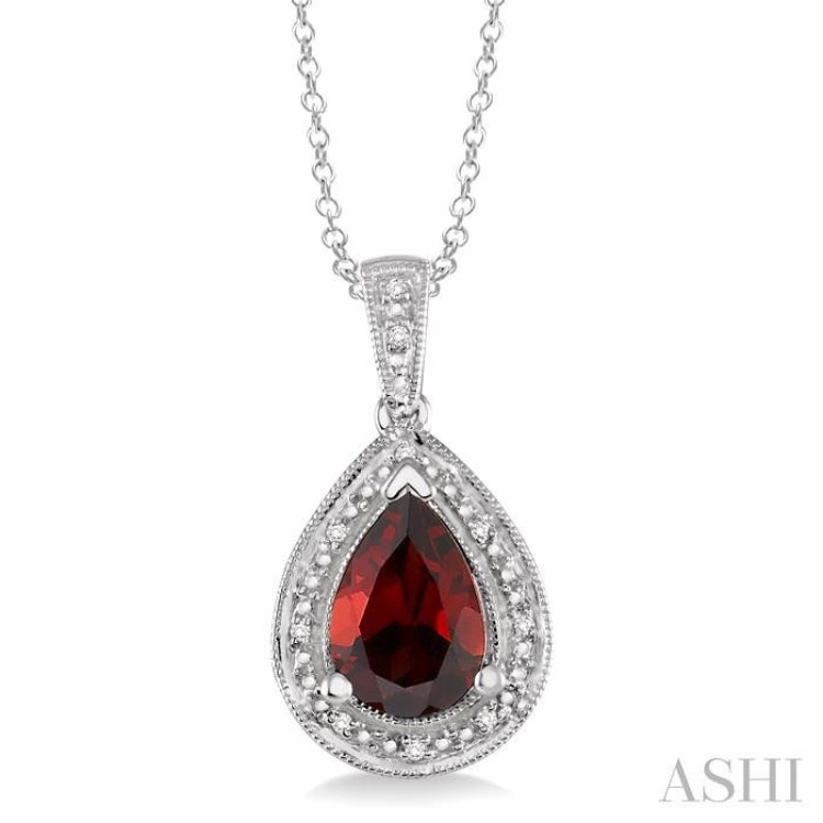10x7 MM Pear Shape Garnet and 1/20 ctw Single Cut Diamond Pendant in Sterling Silver with chain