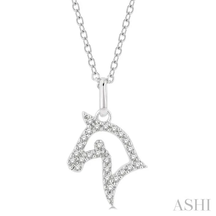 1/10 ctw Horse Head Petite Round Cut Diamond Fashion Pendant With Chain in 10K White Gold