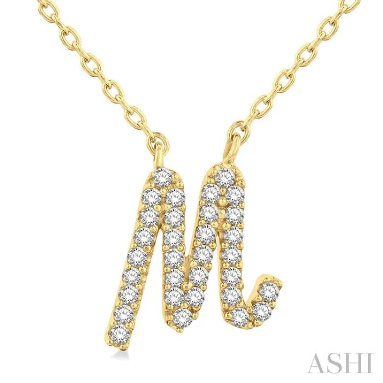 1/10 ctw Initial 'M' Calligraphy Round Cut Diamond Fashion Pendant With Chain in 10K Yellow Gold