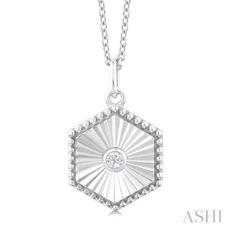1/20 ctw Hexagon fluted medallion Round Cut Diamond Pendant With Chain in 10K White Gold