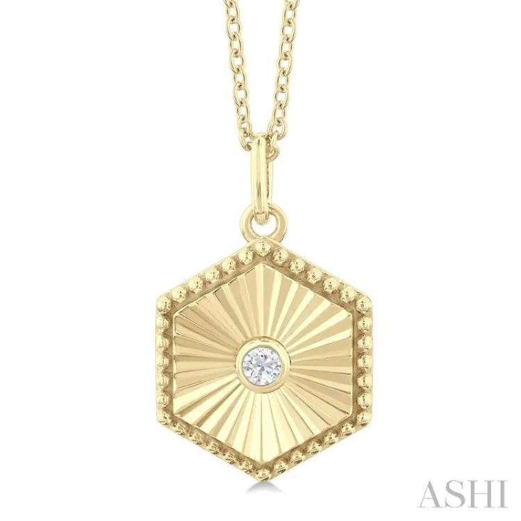1/20 ctw Hexagon fluted medallion Round Cut Diamond Pendant With Chain in 10K Yellow Gold