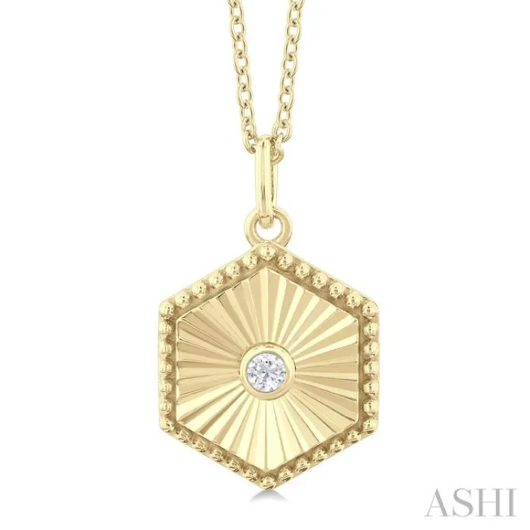 1/20 ctw Hexagon fluted medallion Round Cut Diamond Pendant With Chain in 14K Yellow Gold