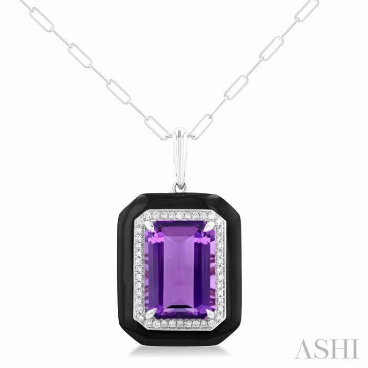 14x10 MM Emerald Cut Amethyst and 1/5 Ctw Round Cut Diamond Halo & Black Enamel Border Semi-Precious Pendant With Chain in 14K White Gold
