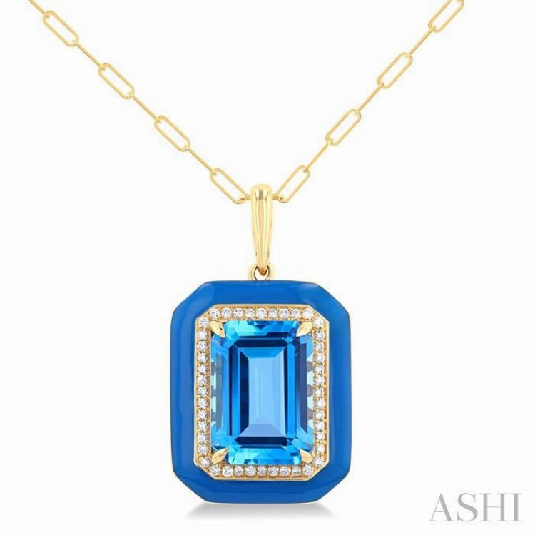 14x10 MM Emerald Cut Blue Topaz and 1/5 Ctw Round Cut Diamond Halo & Blue Enamel Border Semi-Precious Pendant With Chain in 14K Yellow Gold