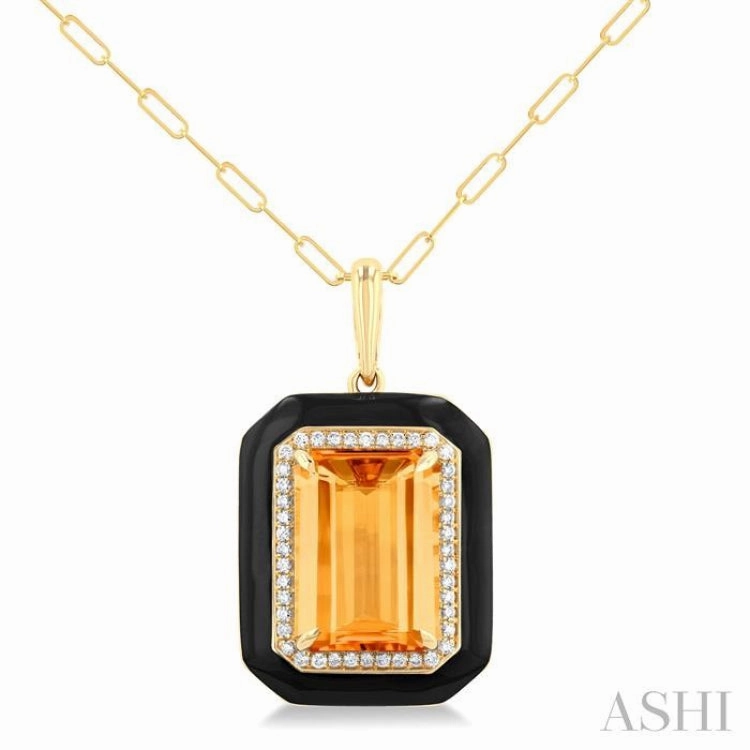14x10 MM Emerald Cut Citrine and 1/5 Ctw Round Cut Diamond Halo & Black Enamel Border Semi-Precious Pendant With Chain in 14K Yellow Gold