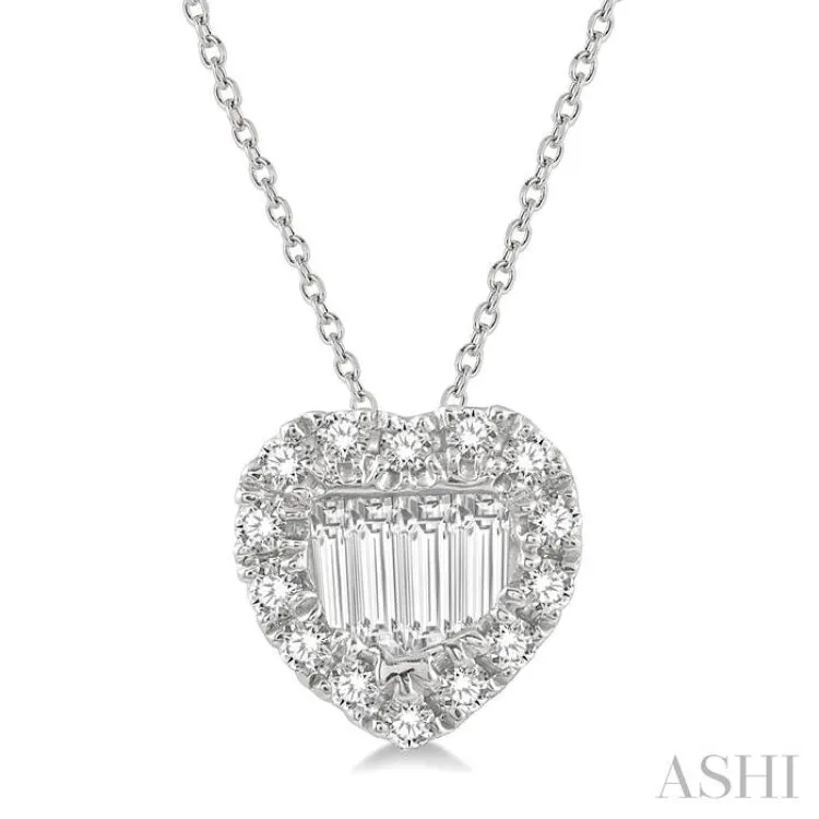 1/5 ctw Heart Shape Baguette Center & Round Cut Diamond Pendant With Chain in 14K White Gold