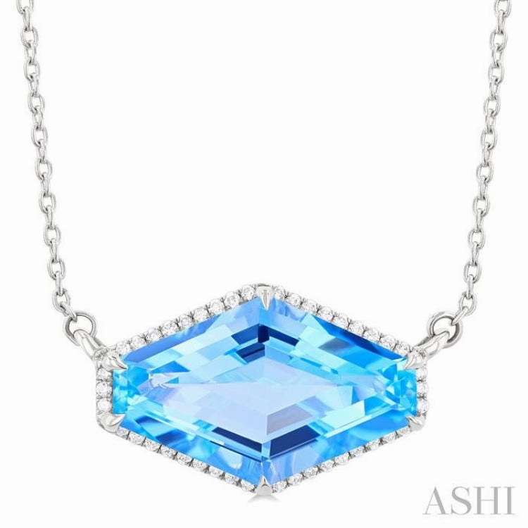 16x10 MM Hexagon Shape Blue Topaz and 1/10 ctw Round Cut Diamond Halo Semi-Precious Pendant With Chain in 14K White Gold