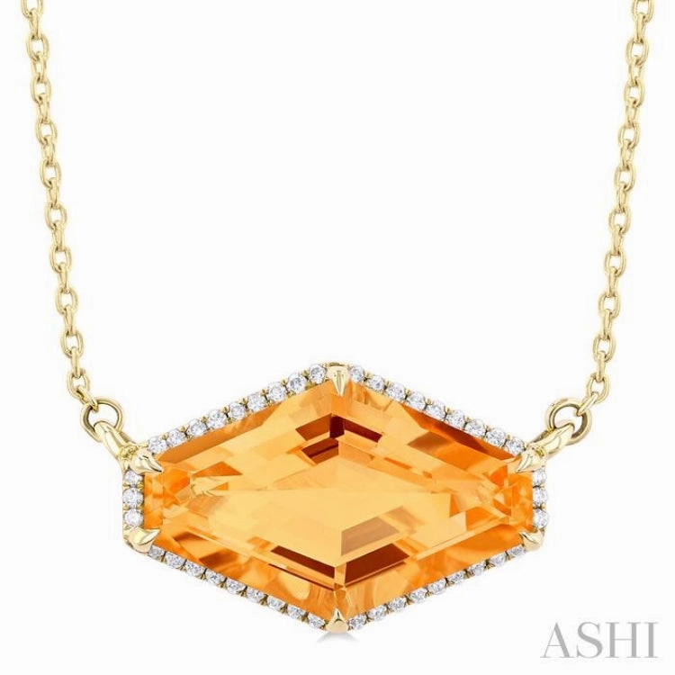 16x10 MM Hexagon Shape Citrine and 1/10 ctw Round Cut Diamond Halo Semi-Precious Pendant With Chain in 14K Yellow Gold