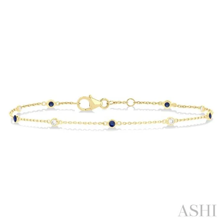 1.8 MM Sapphire and 1/10 ctw Bezel Set Round Cut Diamond Precious Gemstone Station Bracelet in 14K Yellow Gold