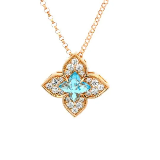 18K ROSE GOLD VENETIAN PRINCESS CARNEVALE PAVE DIAMOND & BLUE TOPAZ SMALL FLOWER NECKLACE