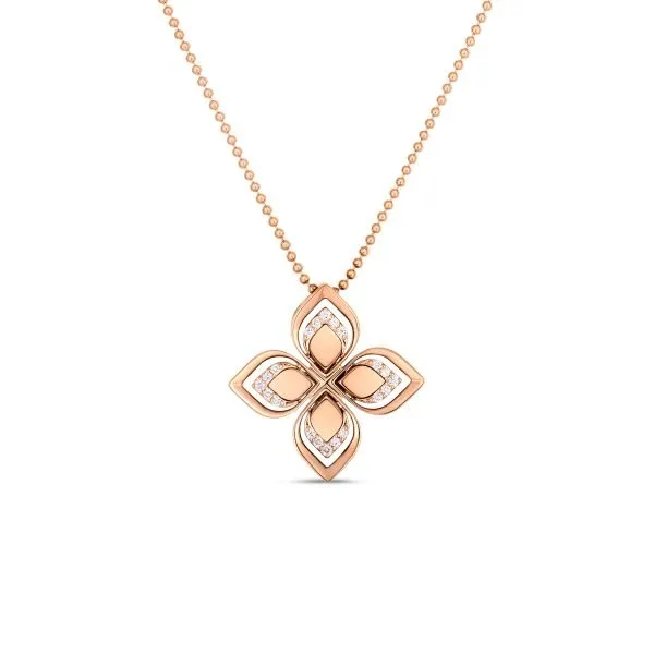 18K ROSE GOLD VENETIAN PRINCESS OPEN FRAME DIAMOND FLOWER NECKLACE