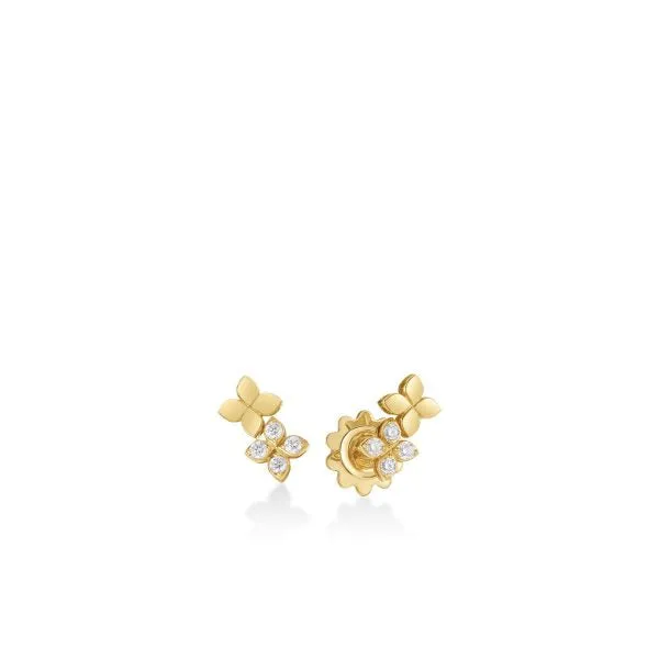 18K YELLOW GOLD LOVE IN VERONA DIAMOND AND POLISHED FINISH DOUBLE FLOWER STUD EARRINGS