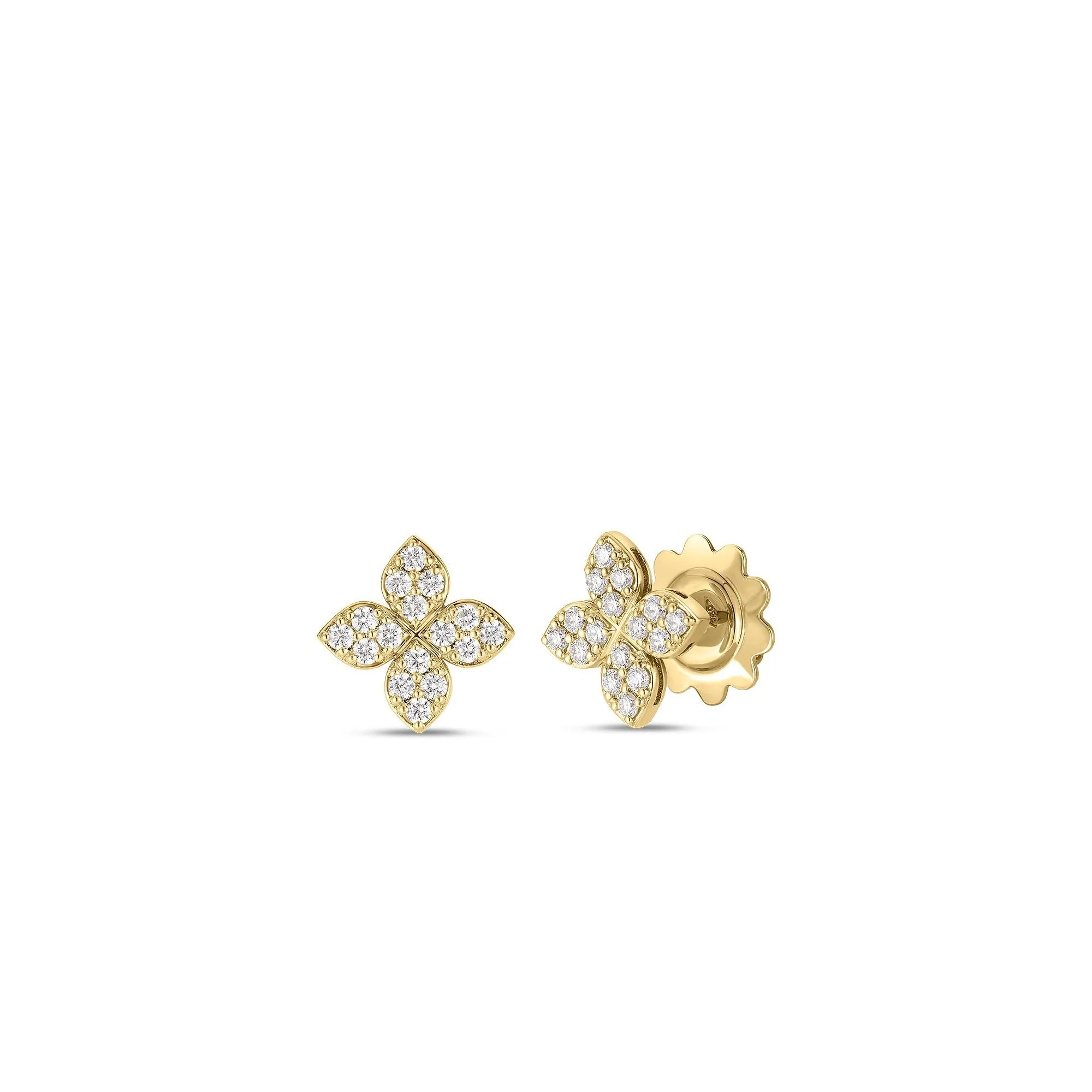 18K YELLOW GOLD LOVE IN VERONA MEDIUM PAVE DIAMOND FLOWER STUD EARRINGS .38CTW