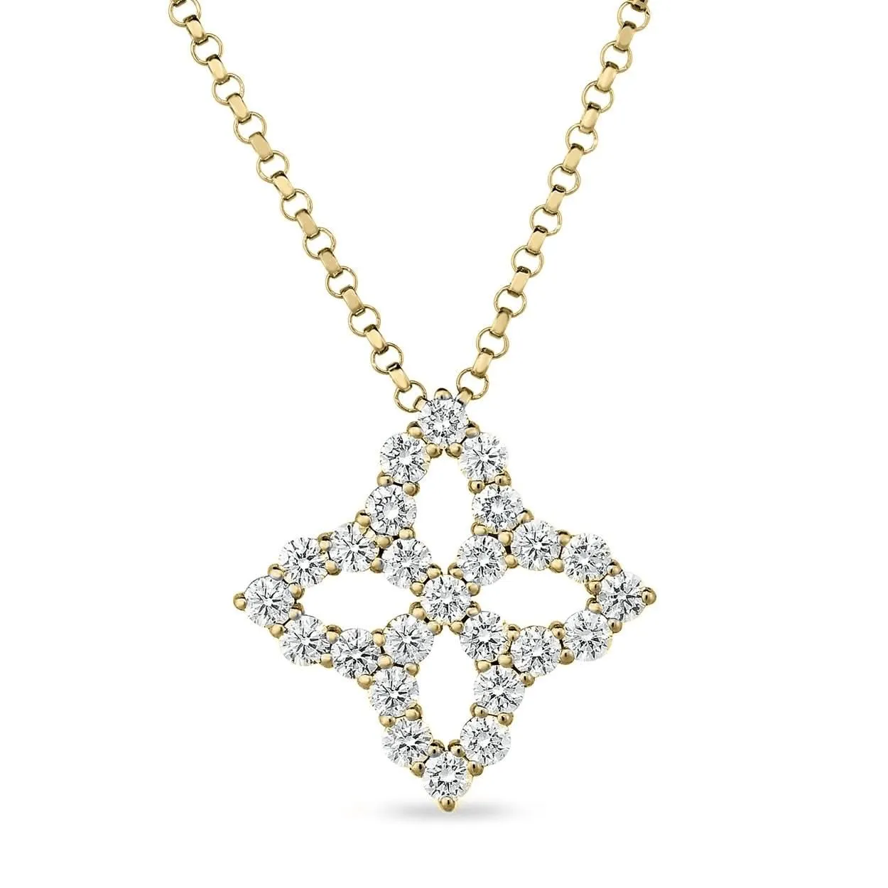 18K YELLOW GOLD PRINCESS FLOWER DIAMOND PENDANT FEATURING 25 ROUND BRILLIANT CUT DIAMONDS WEIGHING 0.50 CTW. THE PENDANT IS 16-18" IN LENGTH. DESIGNED BY ROBERTO COIN