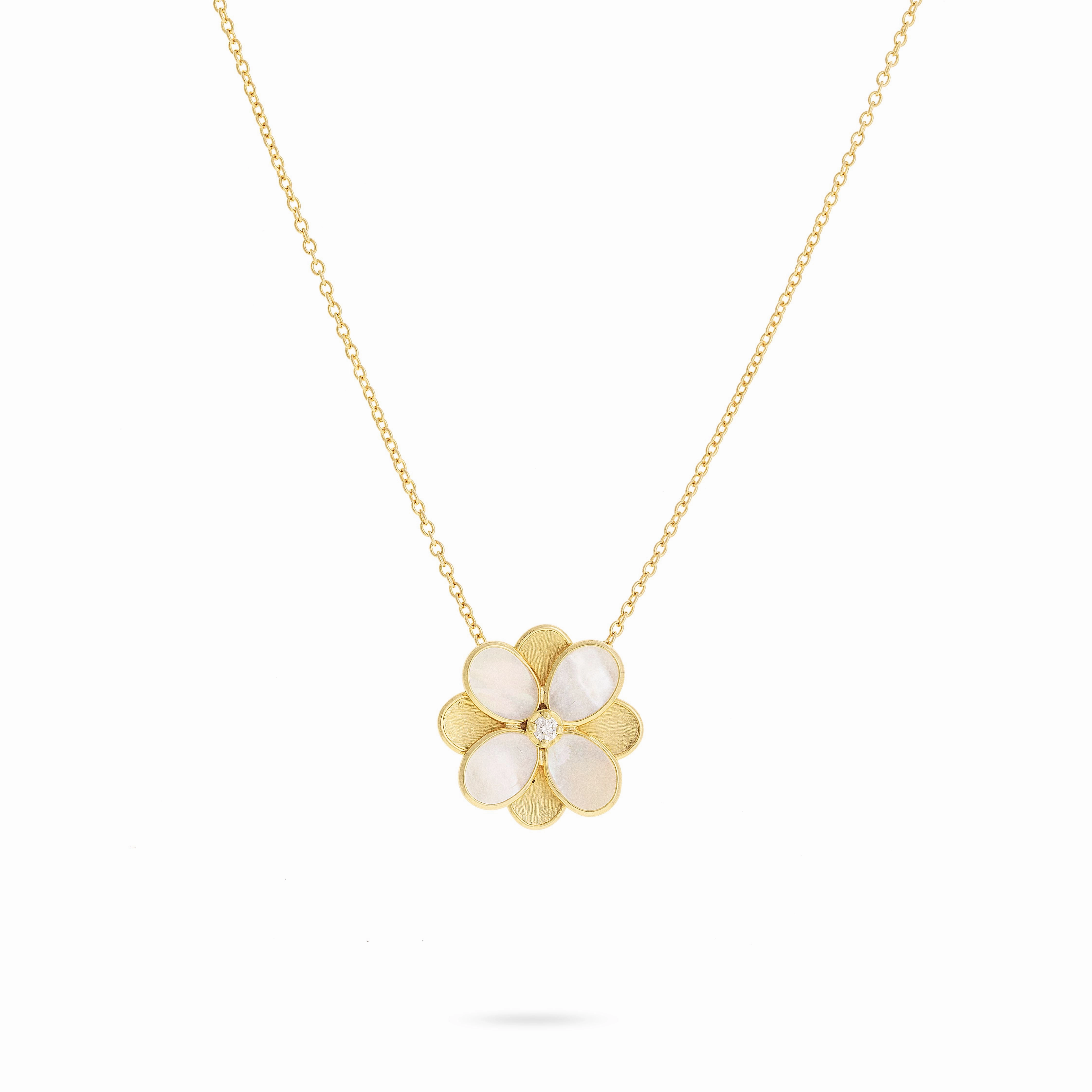 18K YELLOW GOLD MOTHER-OF-PEARL DIAMOND FLOWER NECKLACE