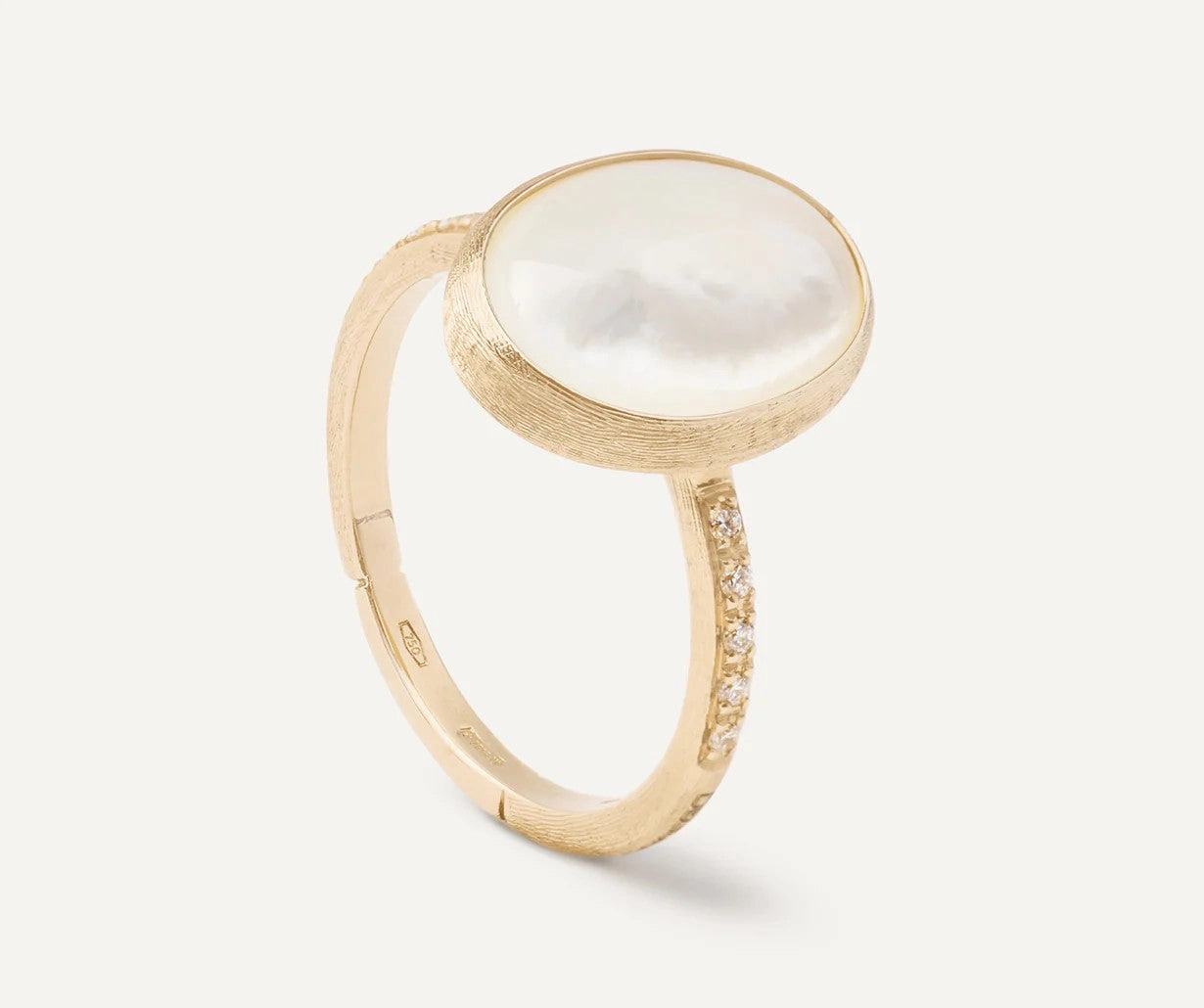 18K YELLOW GOLD MOTHER OF PEARL RING WITH DIAMOND PAV SHANK FROM THE SIVIGLIA COLLECTION