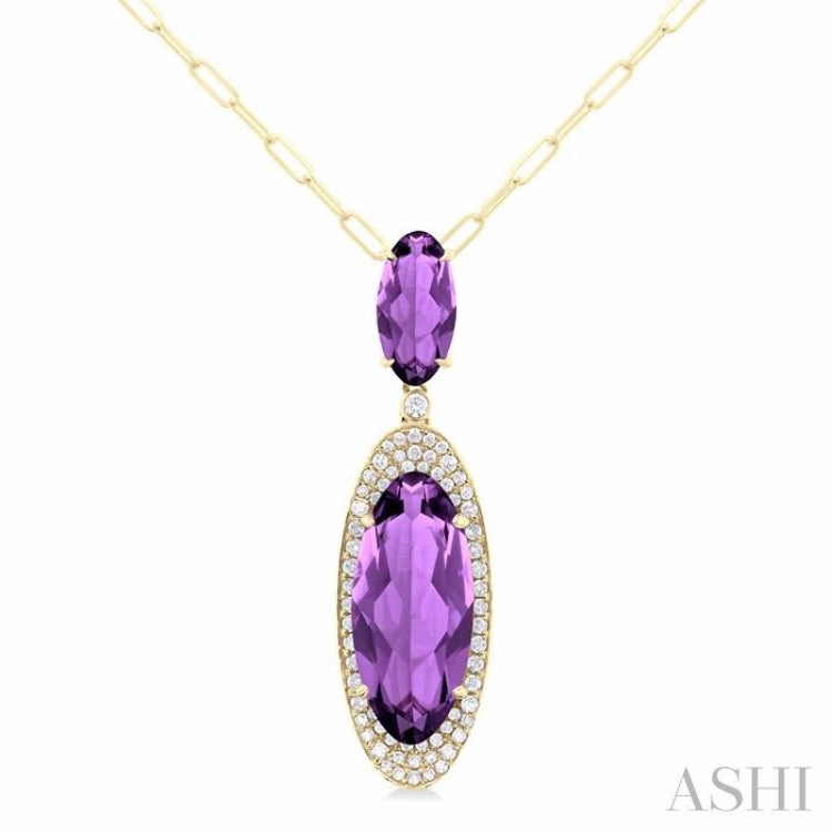 18x8 MM & 10x5 MM Oval Cut Amethyst and 1/3 Ctw Round Cut Diamond Halo Semi-Precious Pendant With Chain in 14K Yellow Gold