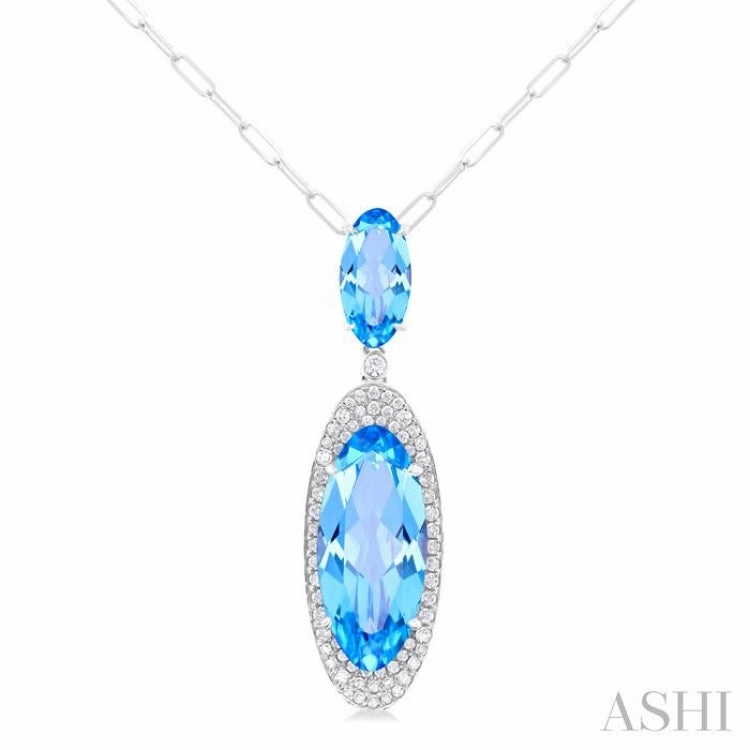 18x8 MM & 10x5 MM Oval Cut Blue Topaz and 1/3 Ctw Round Cut Diamond Halo Semi-Precious Pendant With Chain in 14K White Gold