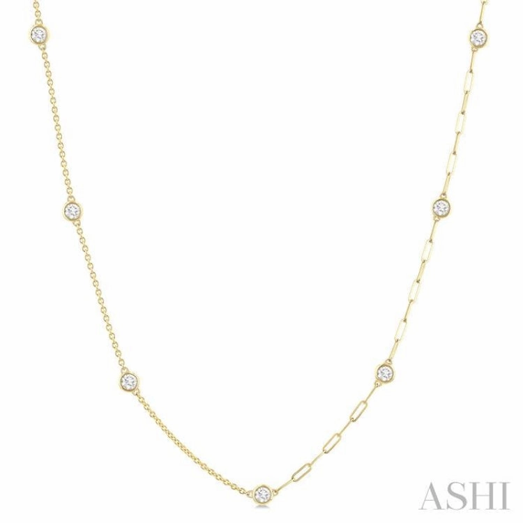 1.00 Ctw Bezel Set Round Cut Diamond Dual Chain Design Station Necklace in 14K Yellow Gold