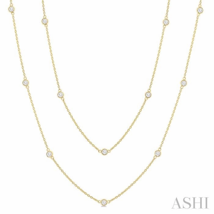 1.00 Ctw Bezel Set Round Cut Diamond Station Long Necklace in 14K Yellow Gold