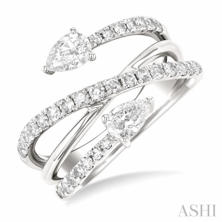 1.00 ctw East West Pear and Round Cut Diamond Split Open End Fashion Ring in 14K White Gold