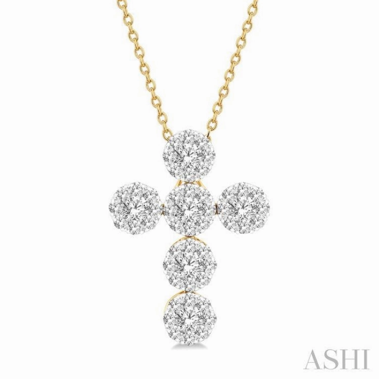 1.00 Ctw Lovebright Cross Round Cut Diamond Fashion Pendant With Chain in 14K Yellow and White Gold