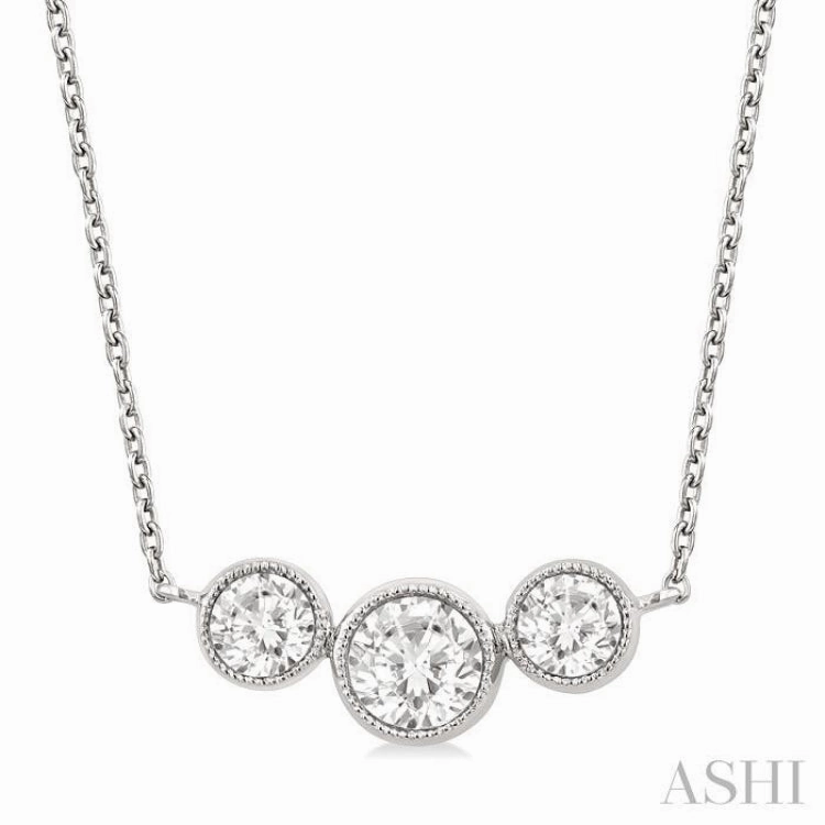 1.00 Ctw Past, Present & Future 3-Stone Bezel Set Round Cut Diamond Necklace in 14K White Gold