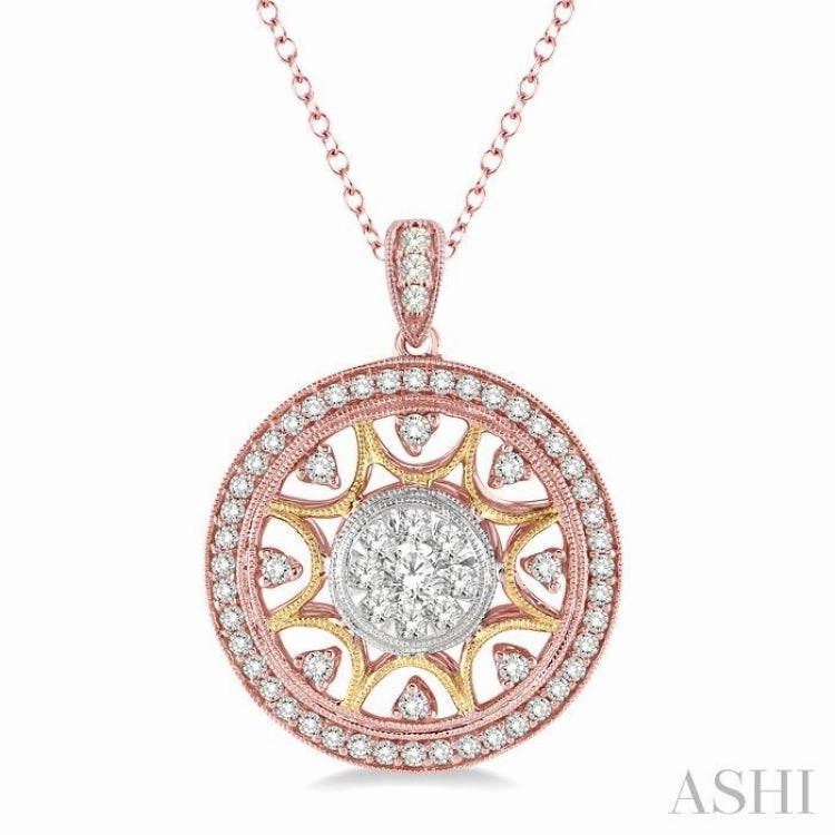 1.00 ctw Round Cut Diamond Lovebright Pendant in 14K Tri Color Gold with Chain