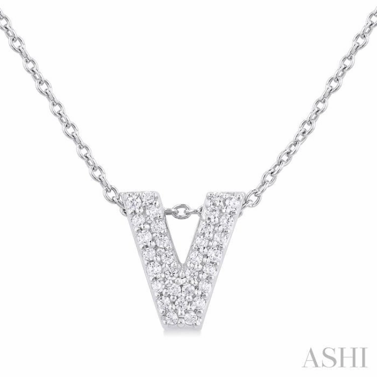1/10 Ctw Bubble Accent Initial 'V' Round Cut Diamond Fashion Pendant With Chain in 10K White Gold