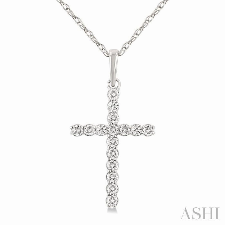 1/10 ctw Cross Round Cut Diamond Fashion Pendant With Chain in 14K White Gold