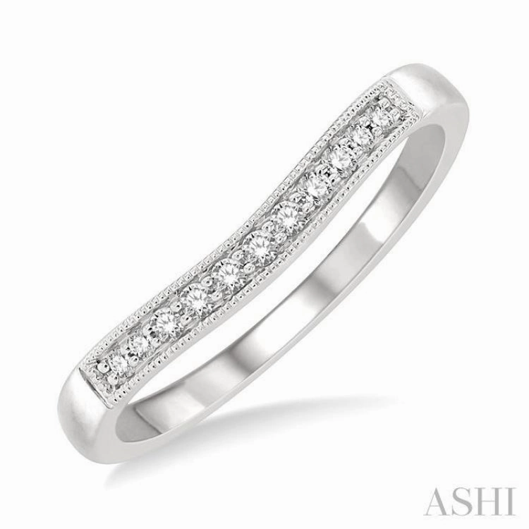 1/10 ctw Curved Center Milgrain Border Round Cut Diamond Wedding Band in 14K White Gold