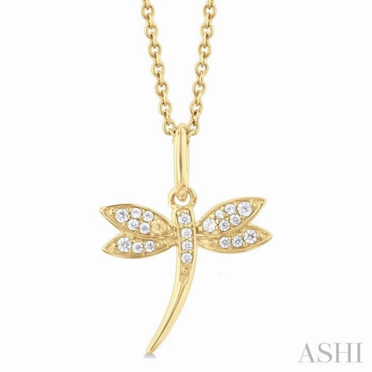 1/10 ctw Petite Dragonfly Round Cut Diamond Fashion Pendant With Chain in 10K Yellow Gold
