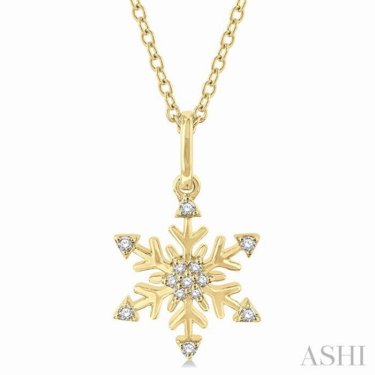 1/10 ctw Petite Snowflake Round Cut Diamond Fashion Pendant With Chain in 10K Yellow Gold