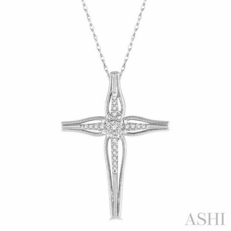 1/10 ctw Round Cut Diamond Cross Charm Fashion Pendant With Chain in 10K White Gold