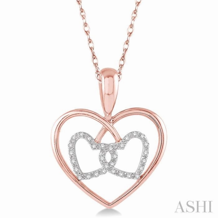 1/10 Ctw Round Cut Diamond Twin Heart Pendant in 10K Rose and White Gold with Chain