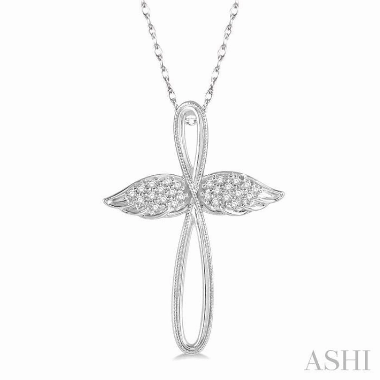 1/10 ctw Twisted Cross Angel Wings Round Cut Diamond Pendant With Chain in 10K White Gold