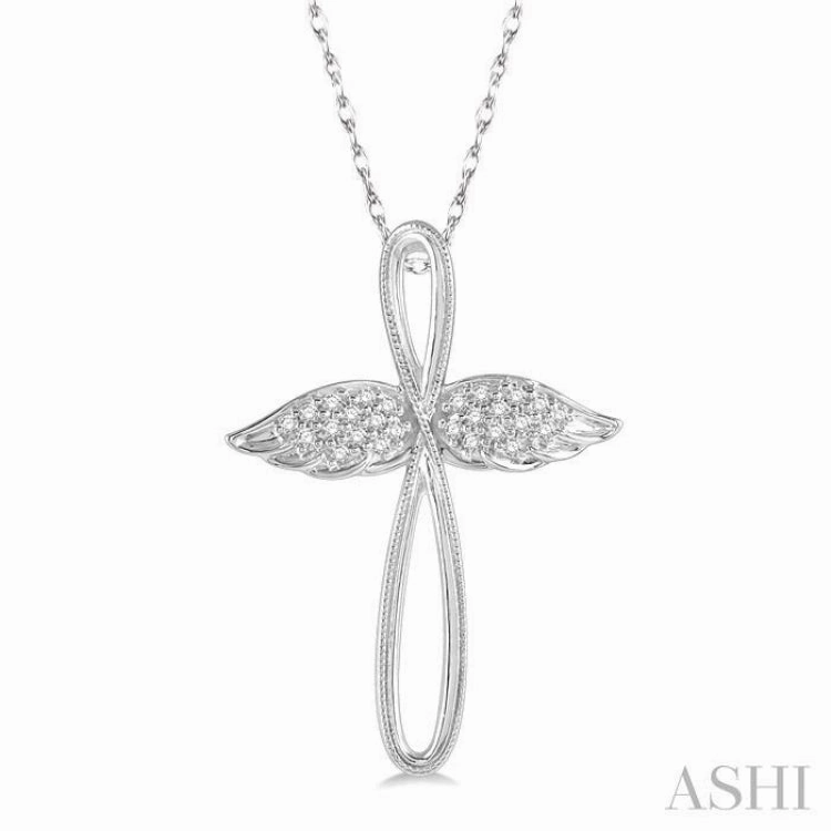 1/10 ctw Twisted Cross Angel Wings Round Cut Diamond Pendant With Chain in 10K White Gold
