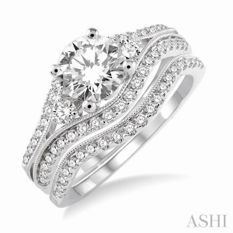 1 1/10 ctw Diamond Wedding Set with 1 ctw Round Cut Engagement Ring and 1/6 ctw Wedding Band in 14K White Gold