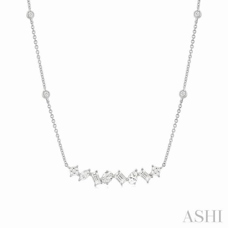 1 1/10 Ctw Mixed Diamond Cut Fashion Station Necklace in 14K White Gold