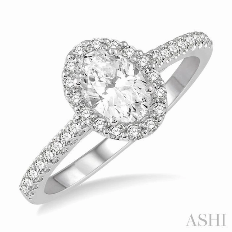 1 1/10 ctw Oval Halo Round Cut Diamond Engagement Ring With 3/4 ct Oval Cut Center Stone in 14K White Gold