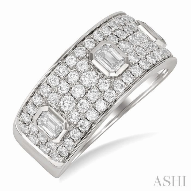 1 1/2 Ctw 3-Stone Emerald and Round Cut Diamond Fashion Wide Band in 14K White Gold