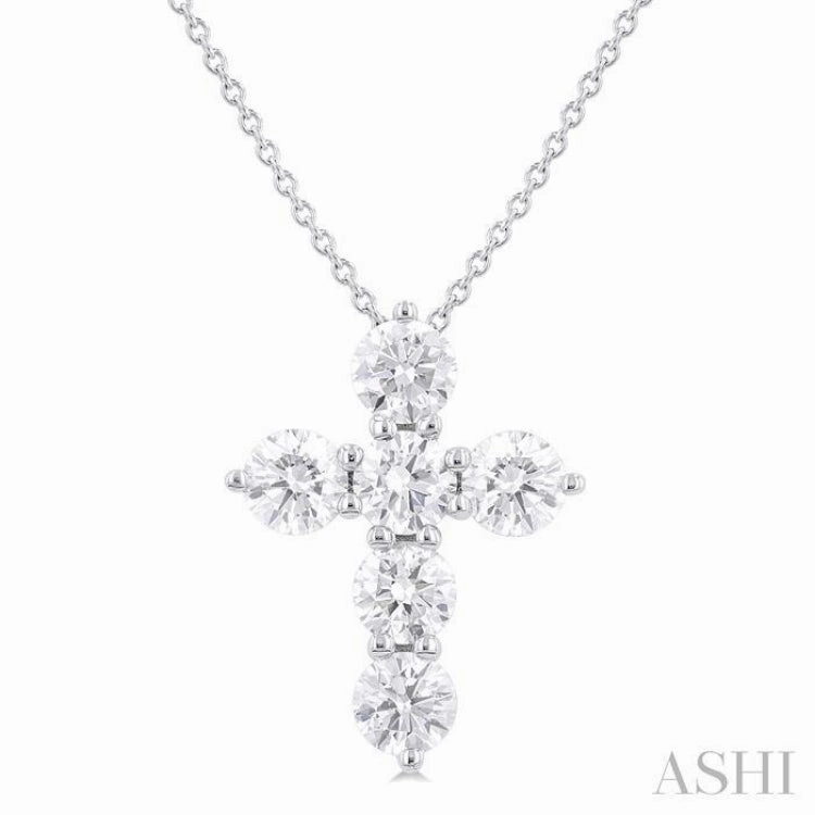 1 1/2 ctw Round Cut Diamond Christian Cross 6-Stone Fashion Pendant With Chain in 14K White Gold