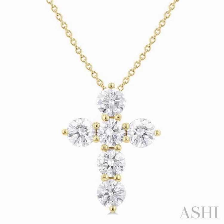 1 1/2 ctw Round Cut Diamond Christian Cross 6-Stone Fashion Pendant With Chain in 14K Yellow Gold