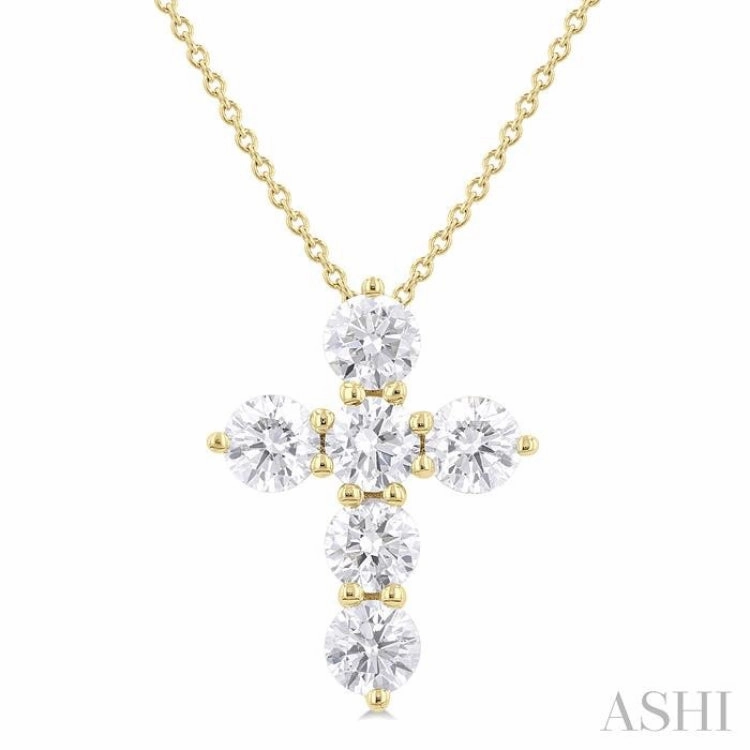 1 1/2 ctw Round Cut Diamond Christian Cross 6-Stone Fashion Pendant With Chain in 14K Yellow Gold
