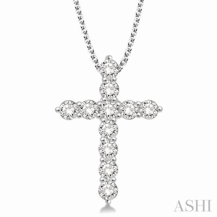 1 1/2 ctw Round Cut Diamond Cross Pendant in 14K White Gold with Chain