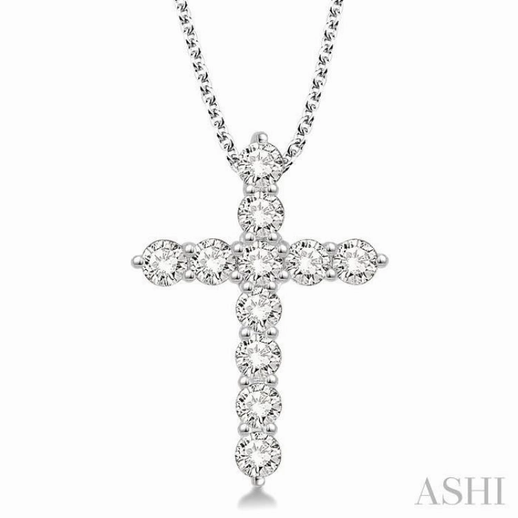 1 1/2 ctw Round Cut Diamond Cross Pendant in 14K White Gold with Chain