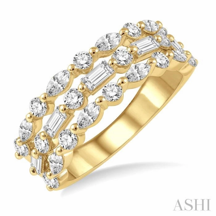 1 1/2 Ctw Triple Row Baguette, Marquise and Round Cut Diamond Fashion Band in 14K Yellow Gold