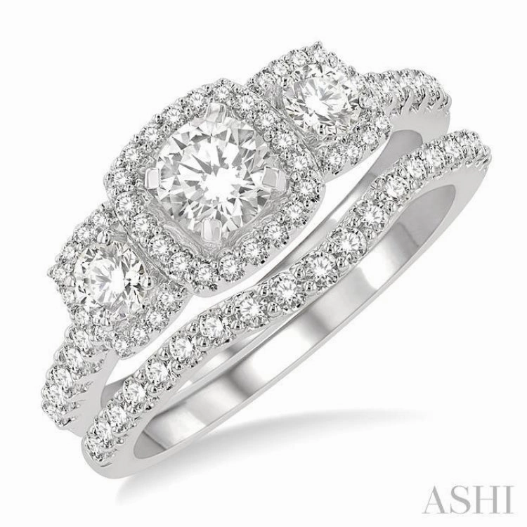 1 1/4 ctw Diamond Wedding Set With 1 ct Triple Cushion Shape Past, Present & Future Engagement Ring and 1/4 ct Curved Wedding Band in 14K White Gold